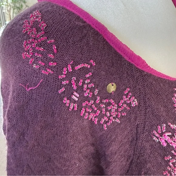 Free People Cardigan Crinkly Purple Pink Wool Silk Beaded Fairy Shrug | Sz L - Picture 8 of 16